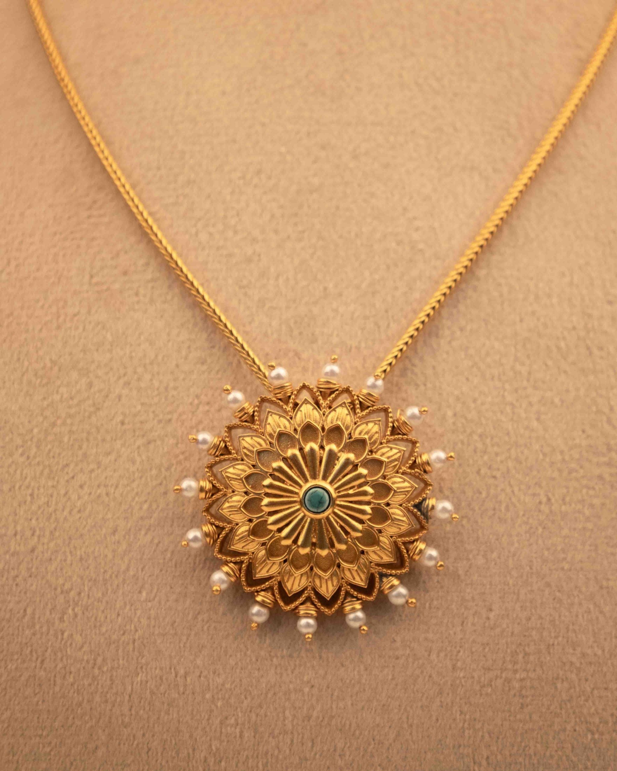 Anvaya Pearl Bordered Intricate Flower Gold Plated Necklace