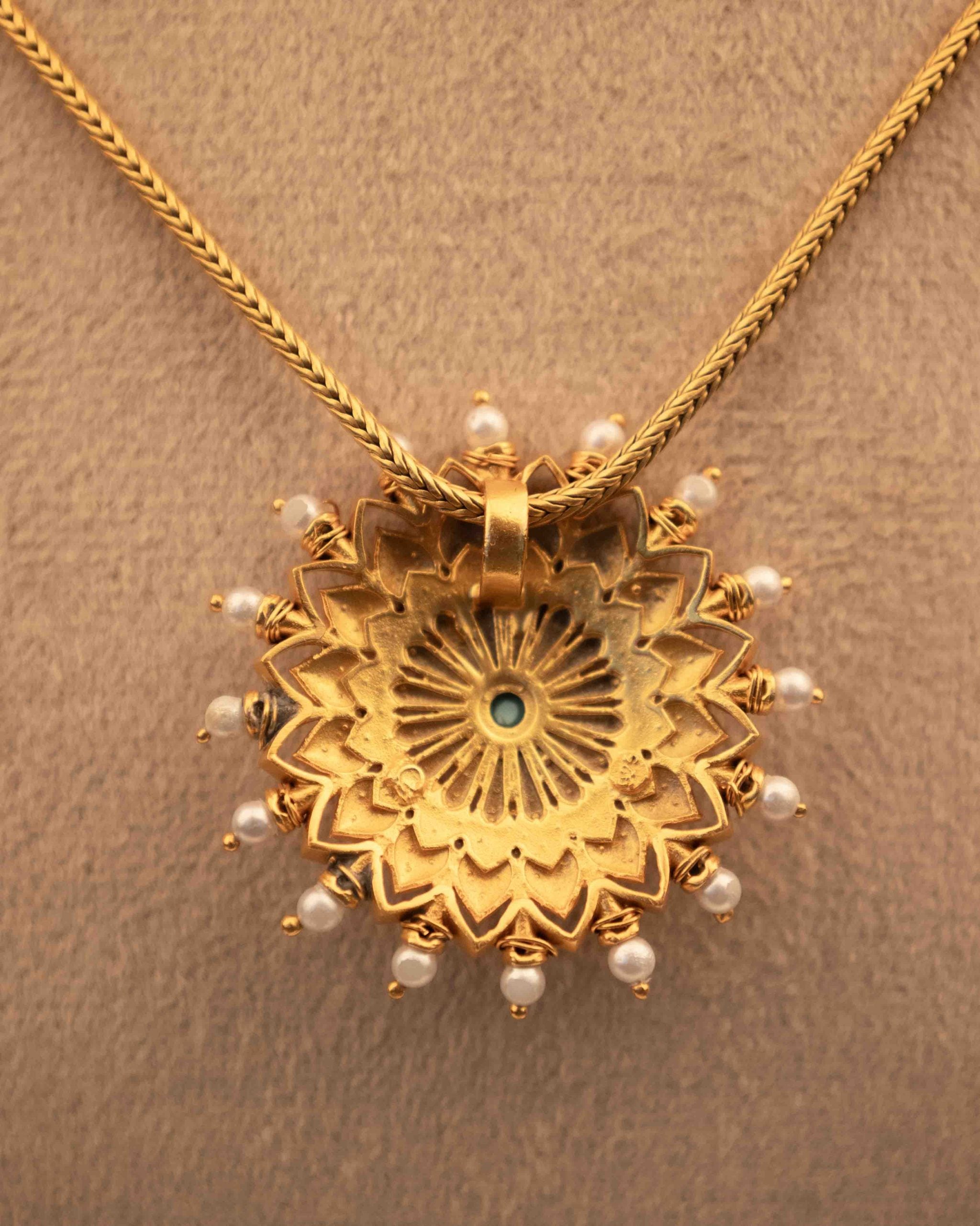 Anvaya Pearl Bordered Intricate Flower Gold Plated Necklace