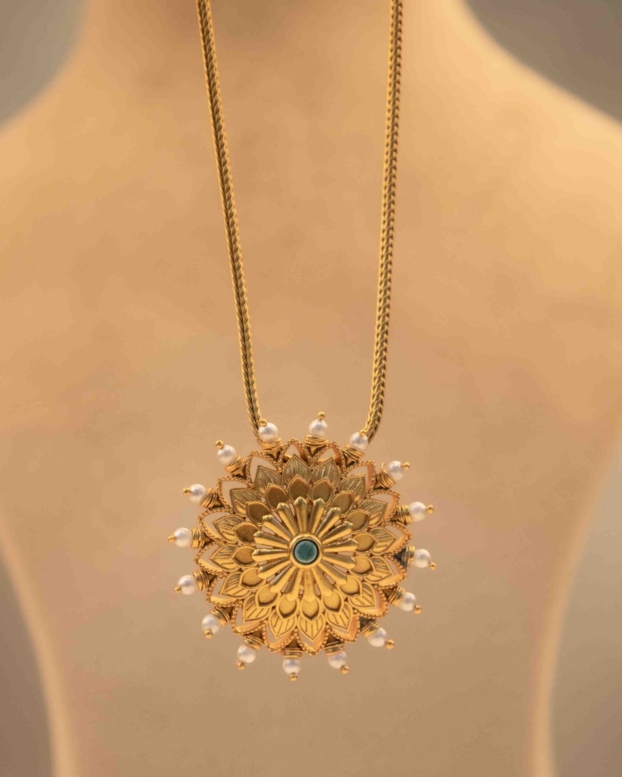 Anvaya Pearl Bordered Intricate Flower Gold Plated Necklace