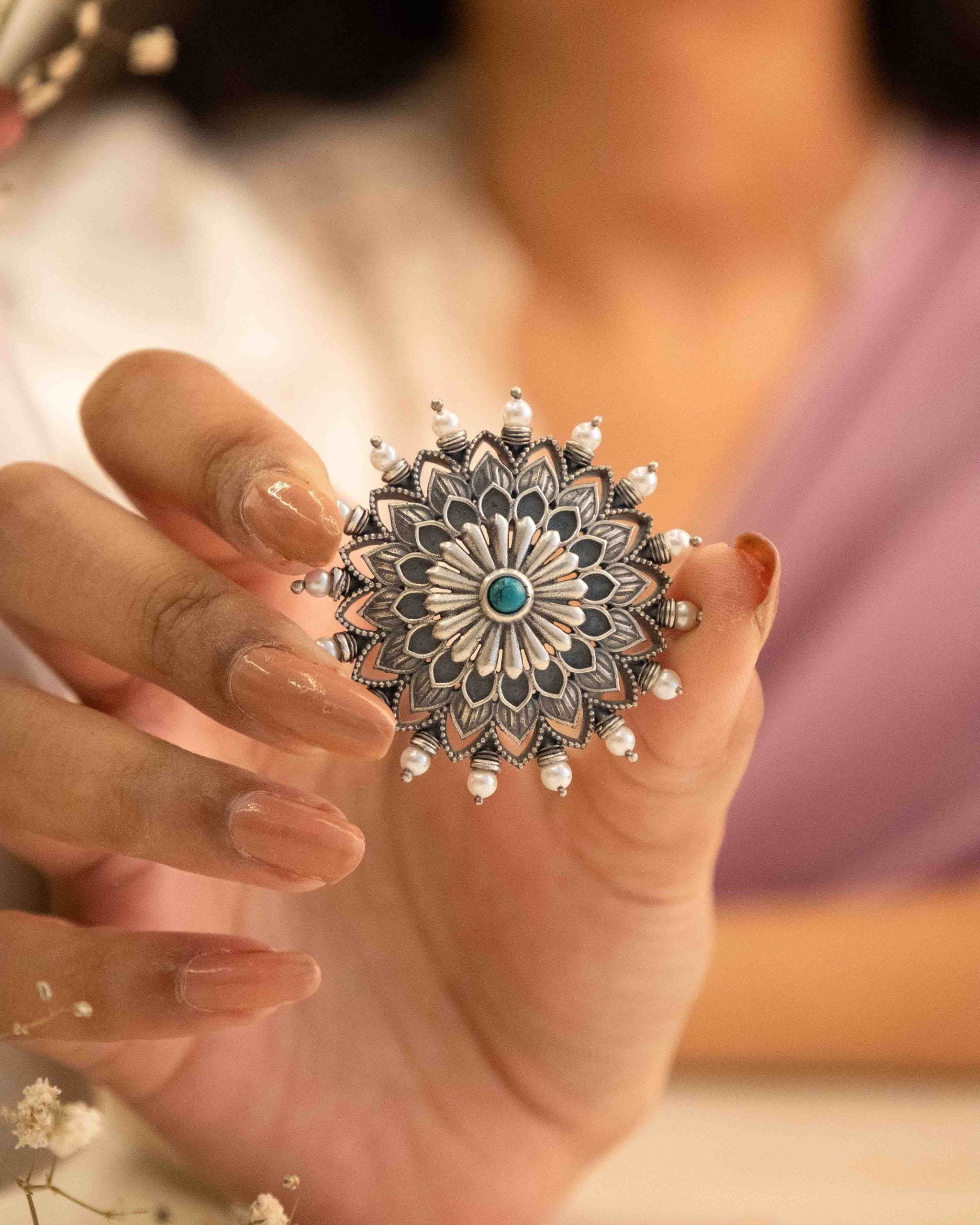 Anvaya Pearl Bordered Intricate Flower Pendant