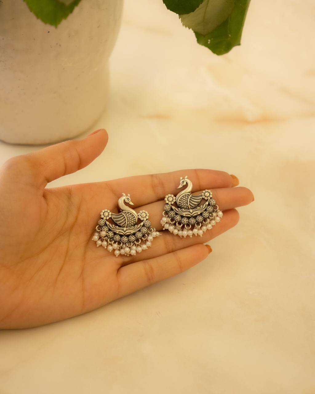 Mizoya Intricate Peacock Pearl Drop Stud Earring