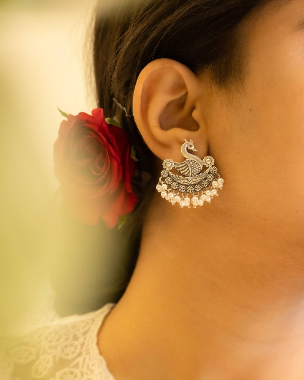 Mizoya Intricate Peacock Pearl Drop Stud Earring