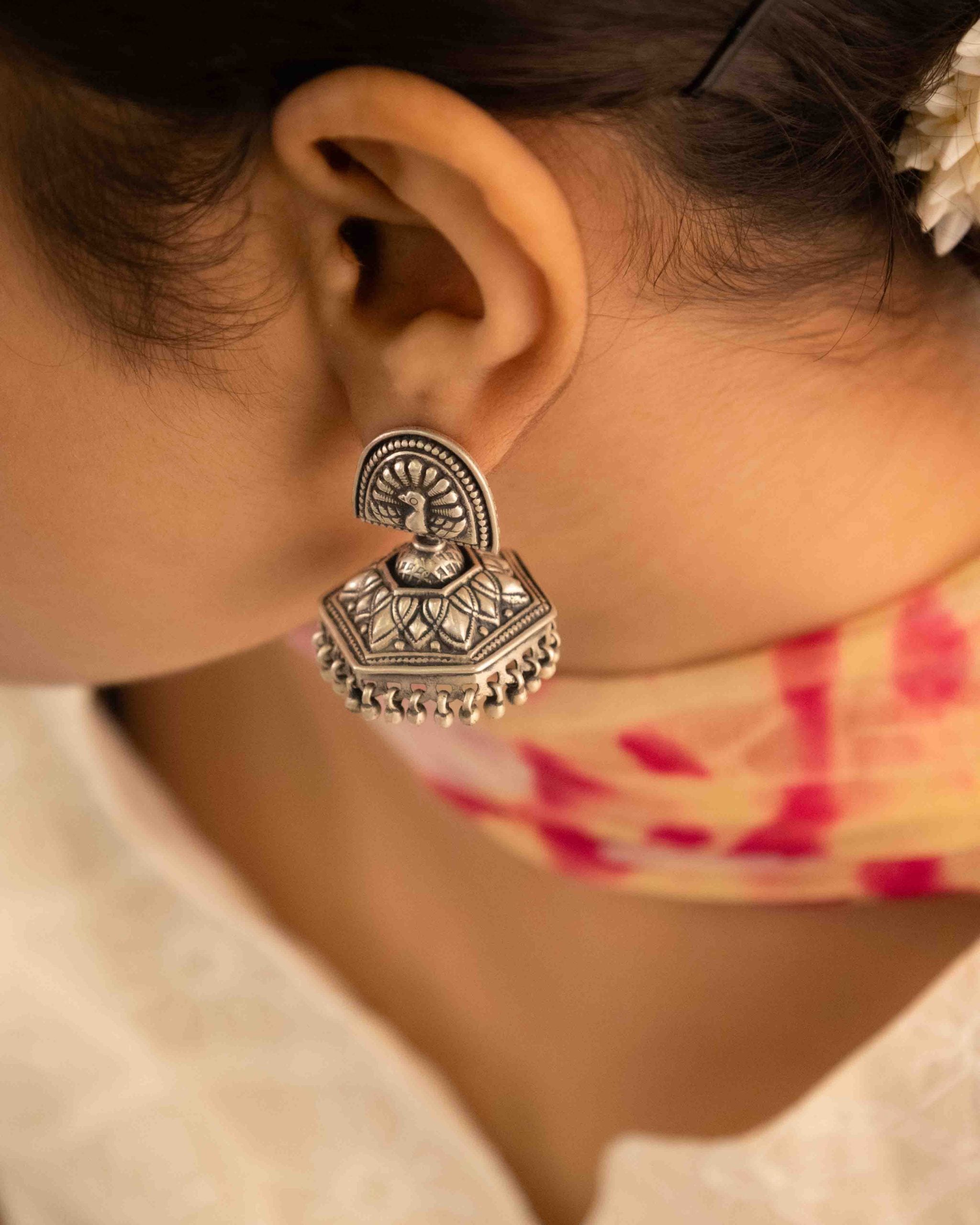 Mizoya Peacock Motif Embossed Intricate Jhumka