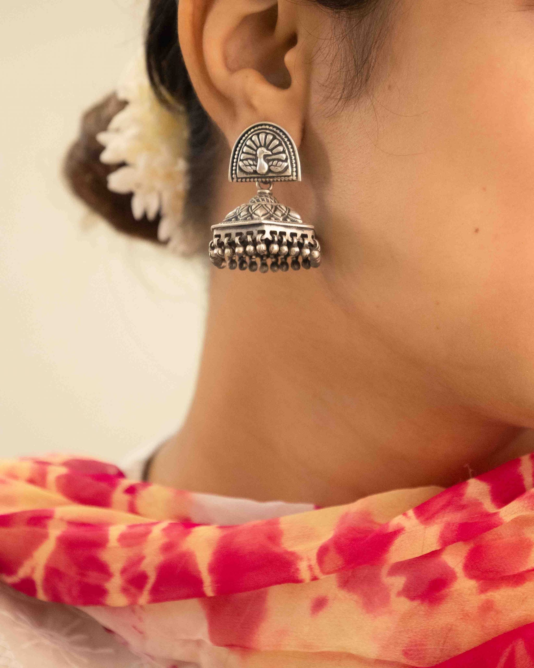 Mizoya Peacock Motif Embossed Intricate Jhumka