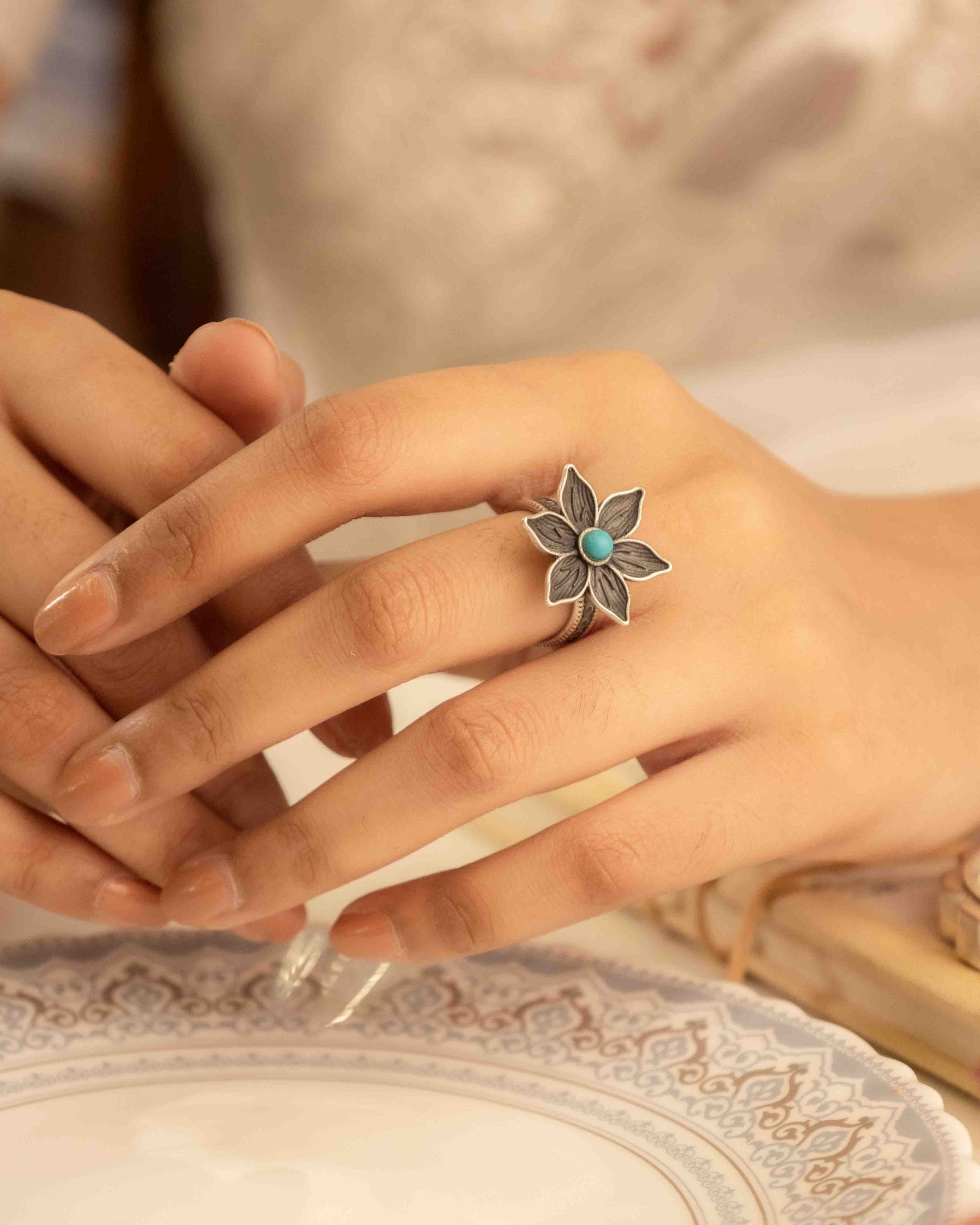 Moh Intricate Turquoise Flower Ring