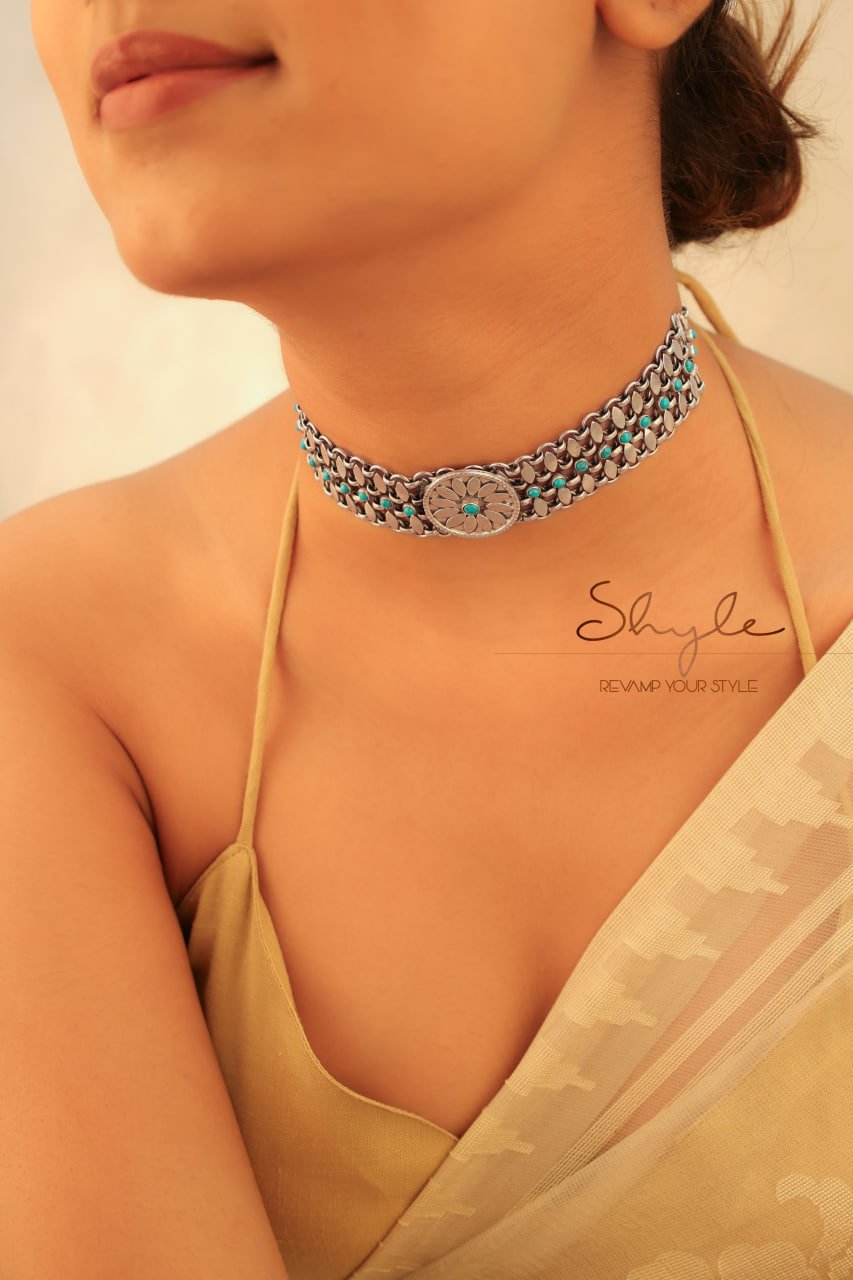 Mizoya Flower Motif Turquoise Jadau Choker Set