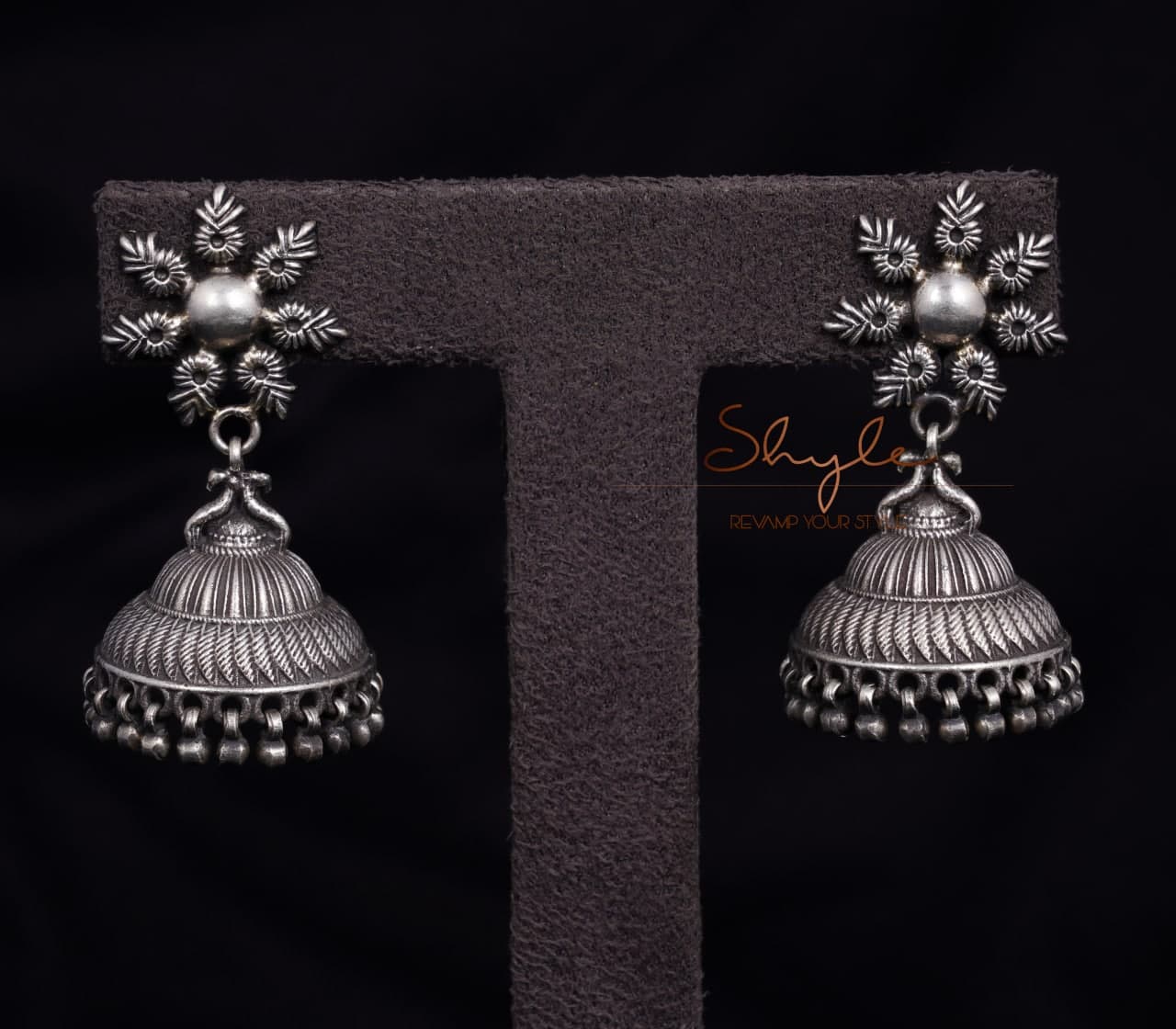 Anvaya Flower Motif Intricate Embossed Jhumka