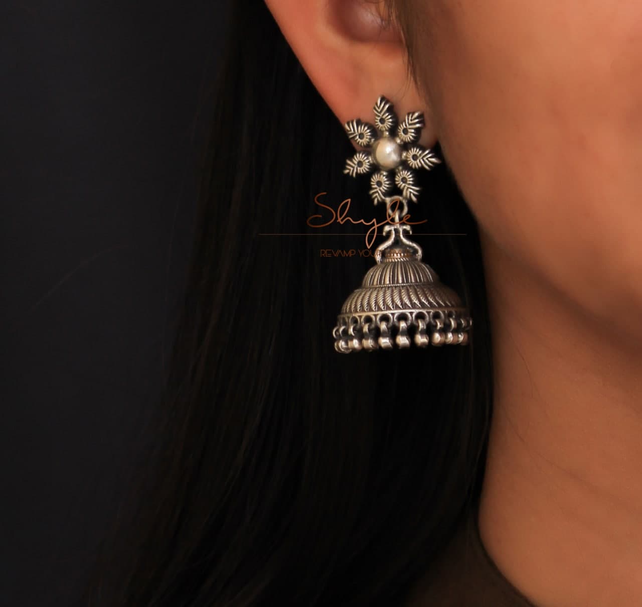 Anvaya Flower Motif Intricate Embossed Jhumka