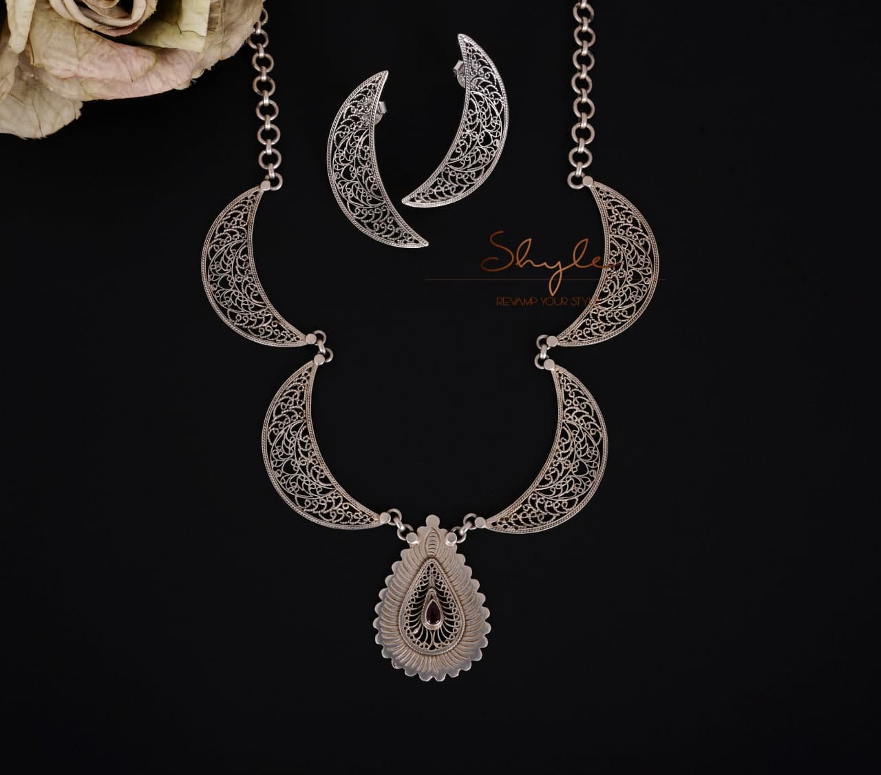 Mizoya Intricate Crescent Moon Drop Necklace Set