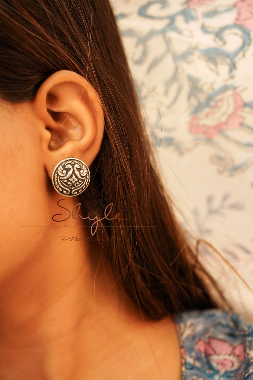 Adya Embossed Peacock Motif Intricate Stud Earring